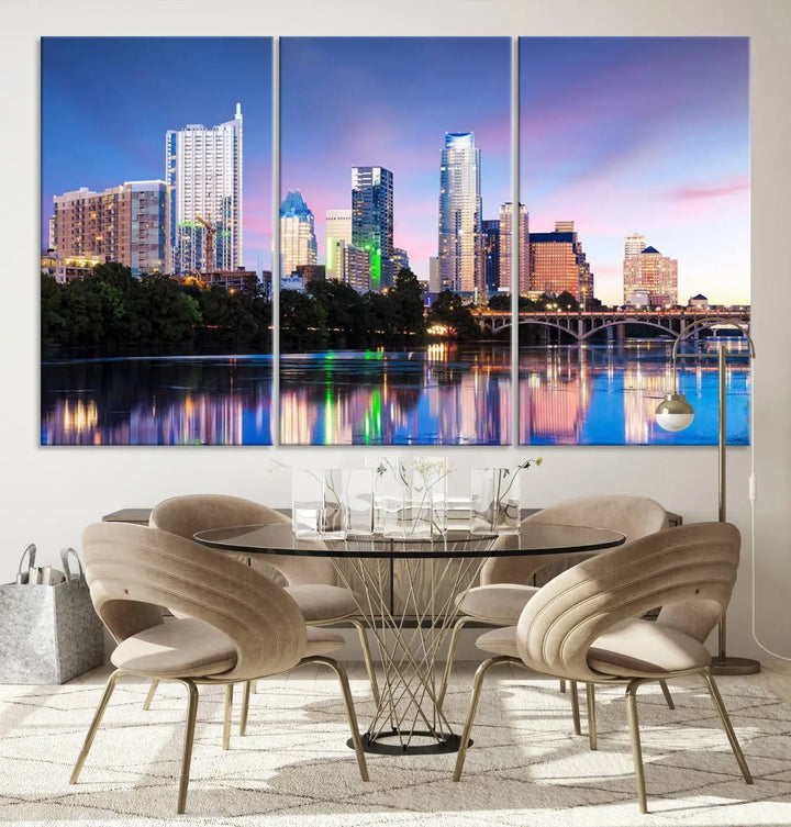 The "Austin City Lights Sunset Blue and Purple Skyline Cityscape View Wall Art Canvas Print," crafted on museum-quality canvas, is prominently displayed above the sofa. This ready-to-hang artwork is safeguarded by a UV-protective coating.