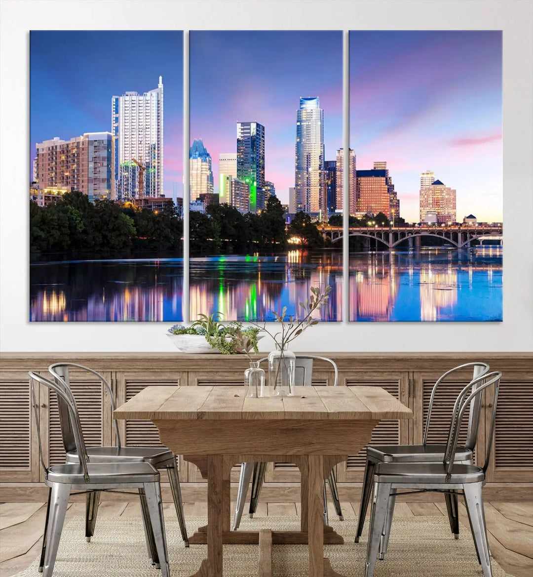 The "Austin City Lights Sunset Blue and Purple Skyline Cityscape View Wall Art Canvas Print," crafted on museum-quality canvas, is prominently displayed above the sofa. This ready-to-hang artwork is safeguarded by a UV-protective coating.