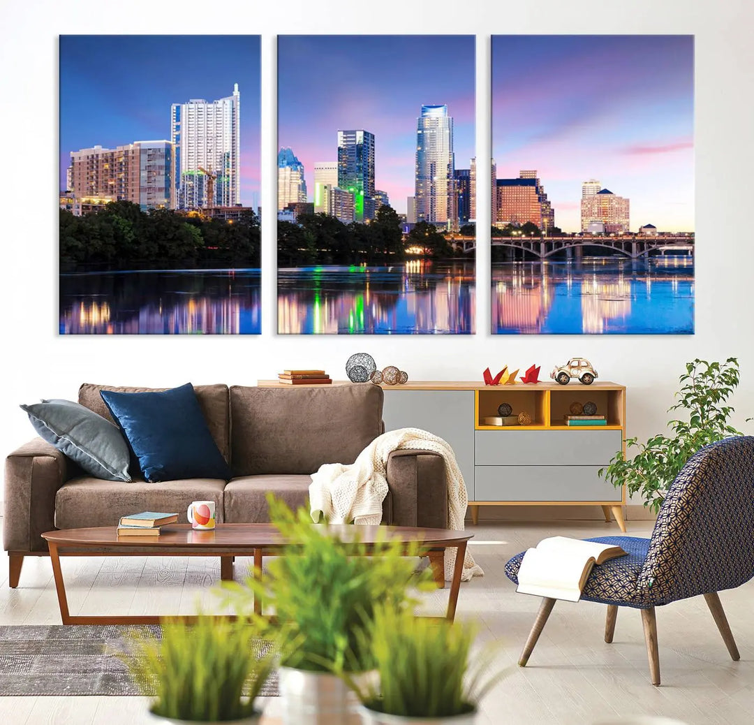 The "Austin City Lights Sunset Blue and Purple Skyline Cityscape View Wall Art Canvas Print," crafted on museum-quality canvas, is prominently displayed above the sofa. This ready-to-hang artwork is safeguarded by a UV-protective coating.