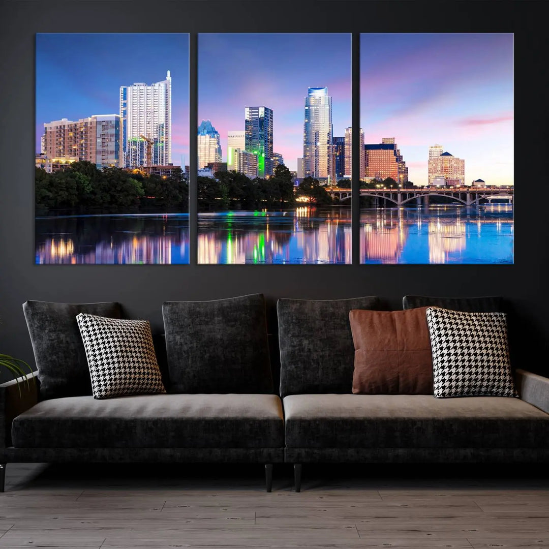 The "Austin City Lights Sunset Blue and Purple Skyline Cityscape View Wall Art Canvas Print," crafted on museum-quality canvas, is prominently displayed above the sofa. This ready-to-hang artwork is safeguarded by a UV-protective coating.