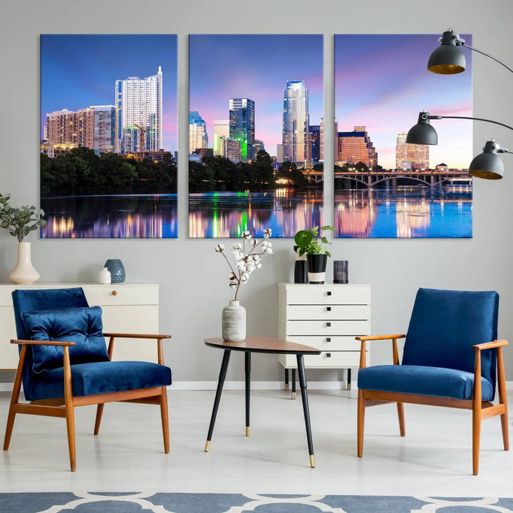 The "Austin City Lights Sunset Blue and Purple Skyline Cityscape View Wall Art Canvas Print," crafted on museum-quality canvas, is prominently displayed above the sofa. This ready-to-hang artwork is safeguarded by a UV-protective coating.