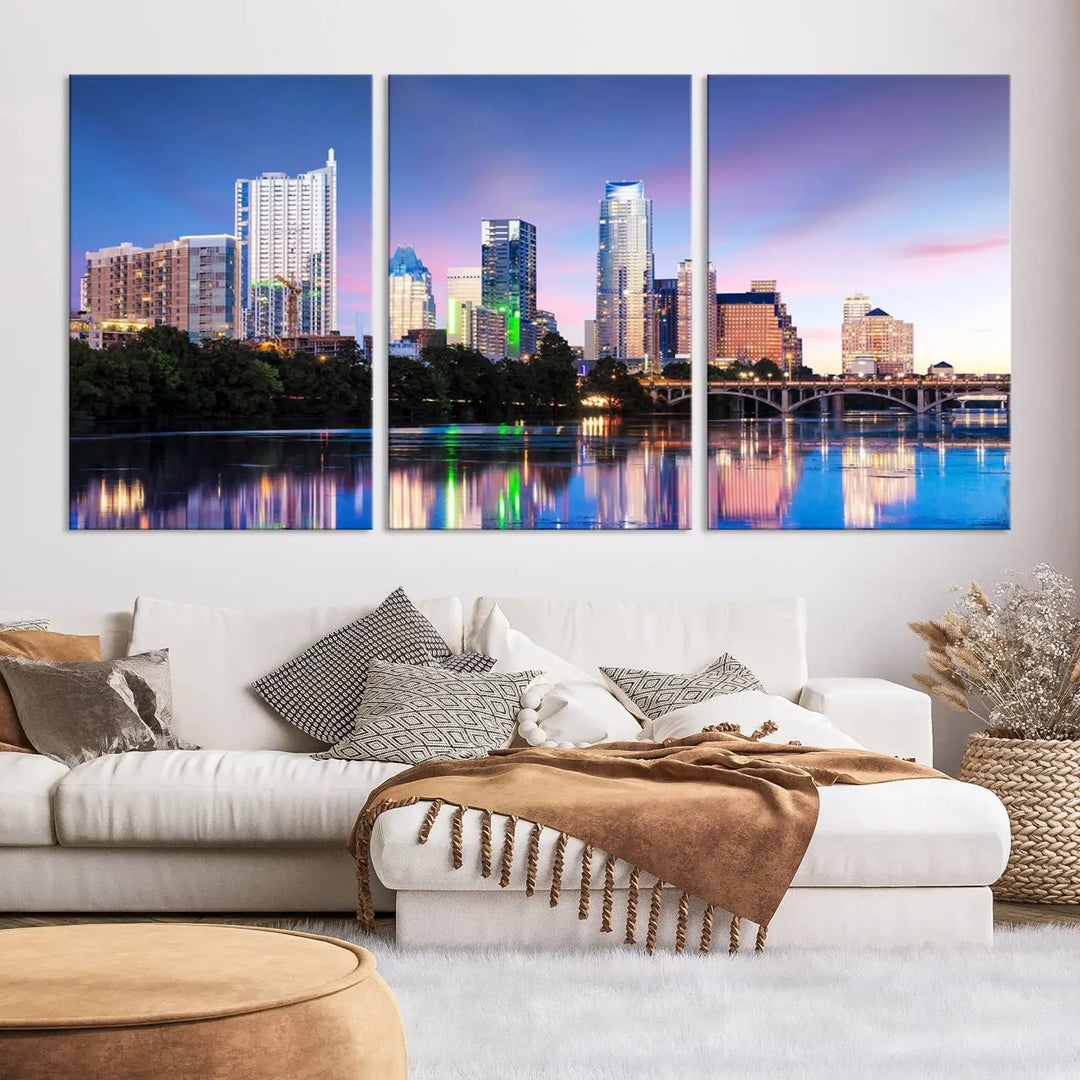 The "Austin City Lights Sunset Blue and Purple Skyline Cityscape View Wall Art Canvas Print," crafted on museum-quality canvas, is prominently displayed above the sofa. This ready-to-hang artwork is safeguarded by a UV-protective coating.