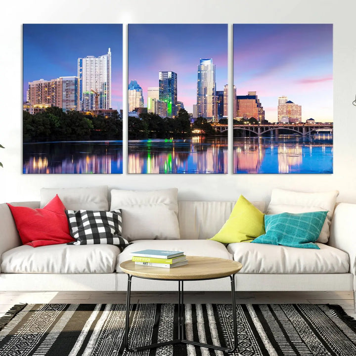 The "Austin City Lights Sunset Blue and Purple Skyline Cityscape View Wall Art Canvas Print," crafted on museum-quality canvas, is prominently displayed above the sofa. This ready-to-hang artwork is safeguarded by a UV-protective coating.