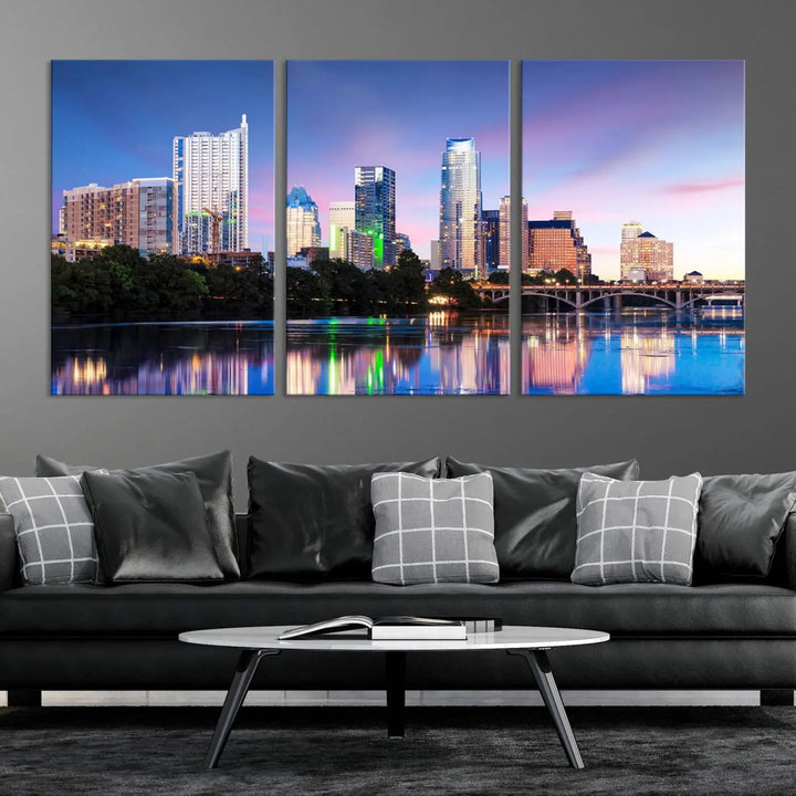 The "Austin City Lights Sunset Blue and Purple Skyline Cityscape View Wall Art Canvas Print," crafted on museum-quality canvas, is prominently displayed above the sofa. This ready-to-hang artwork is safeguarded by a UV-protective coating.