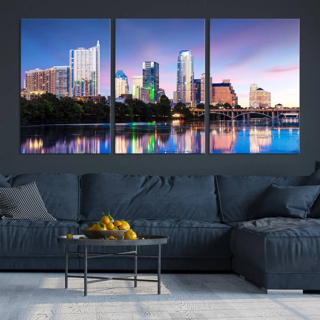 The "Austin City Lights Sunset Blue and Purple Skyline Cityscape View Wall Art Canvas Print," crafted on museum-quality canvas, is prominently displayed above the sofa. This ready-to-hang artwork is safeguarded by a UV-protective coating.