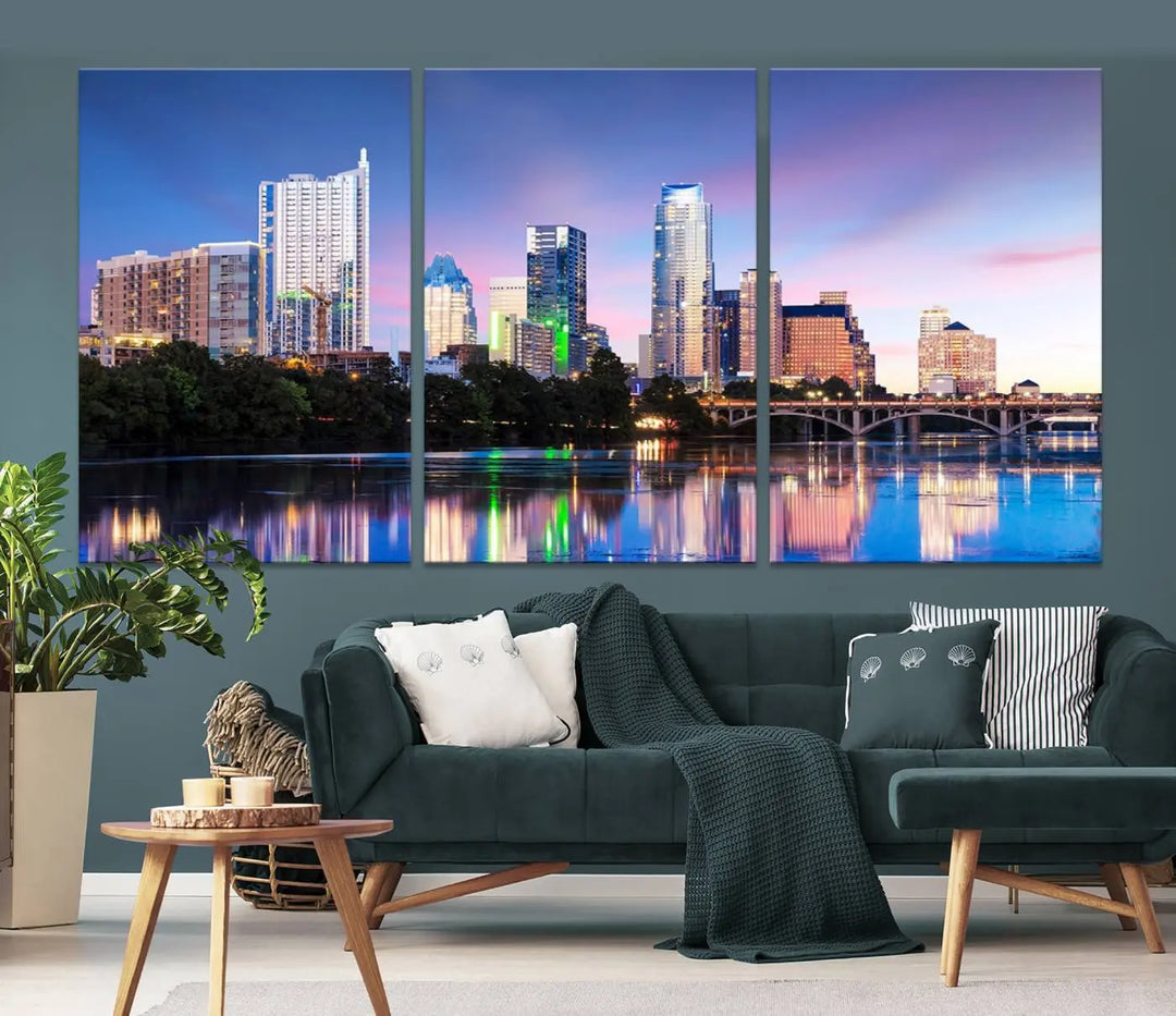 The "Austin City Lights Sunset Blue and Purple Skyline Cityscape View Wall Art Canvas Print," crafted on museum-quality canvas, is prominently displayed above the sofa. This ready-to-hang artwork is safeguarded by a UV-protective coating.