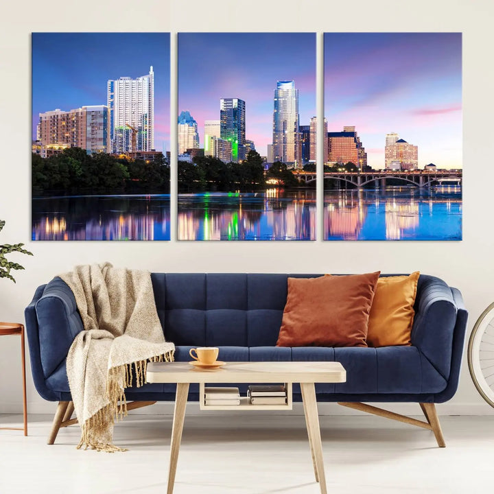 The "Austin City Lights Sunset Blue and Purple Skyline Cityscape View Wall Art Canvas Print," crafted on museum-quality canvas, is prominently displayed above the sofa. This ready-to-hang artwork is safeguarded by a UV-protective coating.