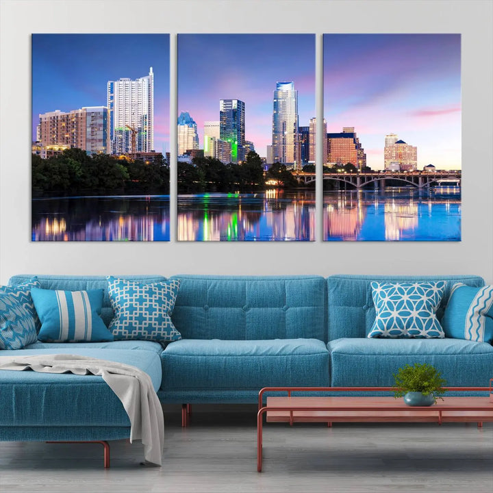 The "Austin City Lights Sunset Blue and Purple Skyline Cityscape View Wall Art Canvas Print," crafted on museum-quality canvas, is prominently displayed above the sofa. This ready-to-hang artwork is safeguarded by a UV-protective coating.