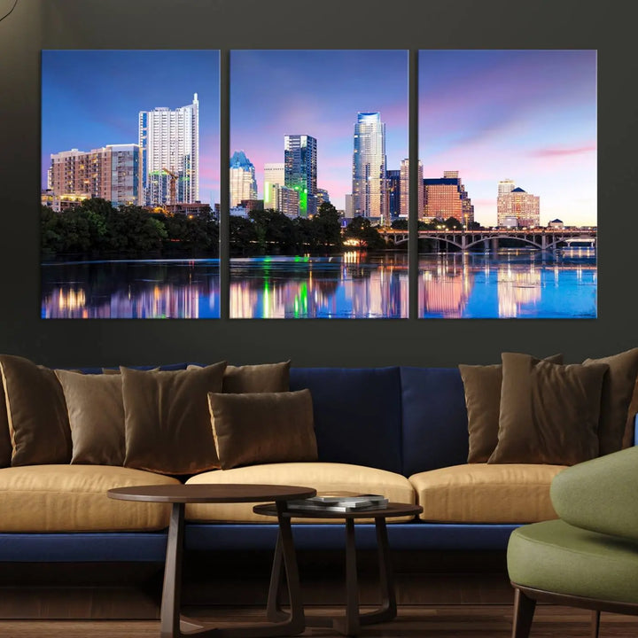 The "Austin City Lights Sunset Blue and Purple Skyline Cityscape View Wall Art Canvas Print," crafted on museum-quality canvas, is prominently displayed above the sofa. This ready-to-hang artwork is safeguarded by a UV-protective coating.