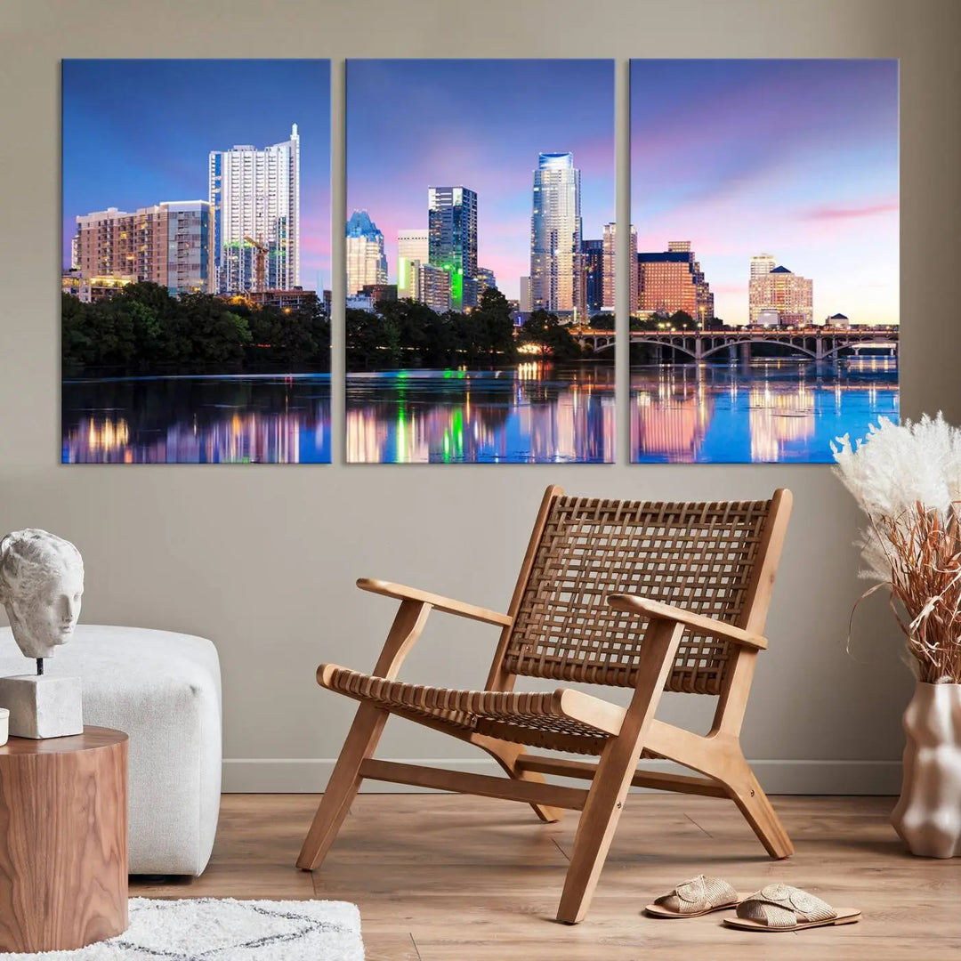 The "Austin City Lights Sunset Blue and Purple Skyline Cityscape View Wall Art Canvas Print," crafted on museum-quality canvas, is prominently displayed above the sofa. This ready-to-hang artwork is safeguarded by a UV-protective coating.