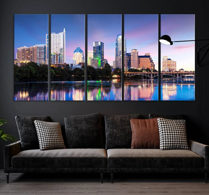 The "Austin City Lights Sunset Blue and Purple Skyline Cityscape View Wall Art Canvas Print," crafted on museum-quality canvas, is prominently displayed above the sofa. This ready-to-hang artwork is safeguarded by a UV-protective coating.