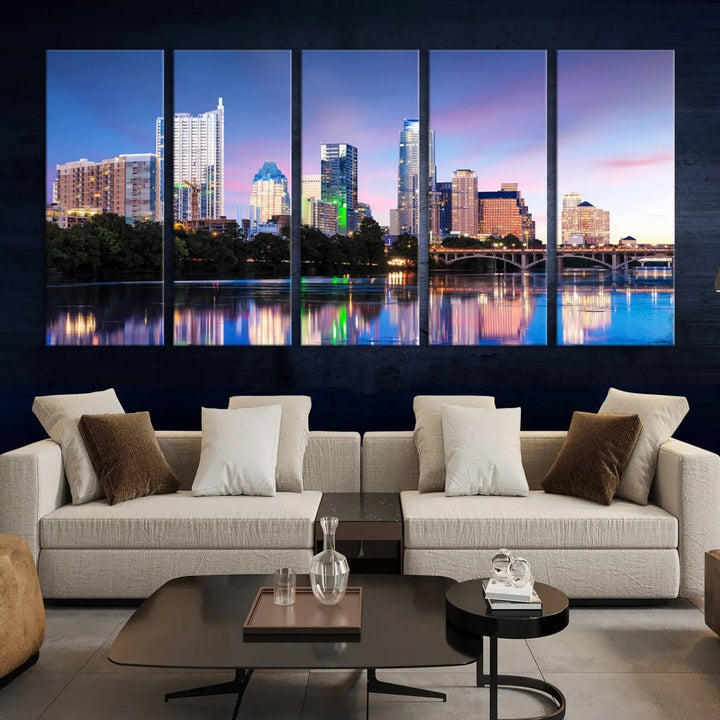 The "Austin City Lights Sunset Blue and Purple Skyline Cityscape View Wall Art Canvas Print," crafted on museum-quality canvas, is prominently displayed above the sofa. This ready-to-hang artwork is safeguarded by a UV-protective coating.