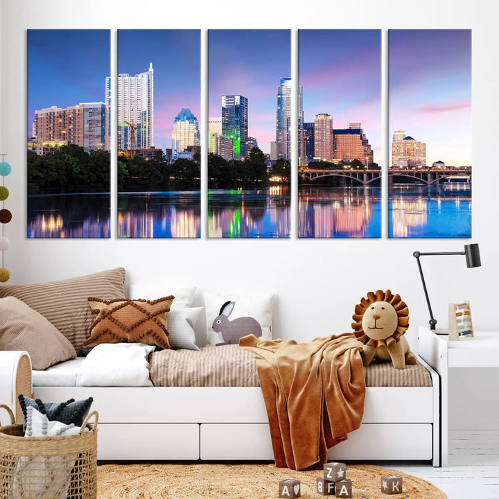 The "Austin City Lights Sunset Blue and Purple Skyline Cityscape View Wall Art Canvas Print," crafted on museum-quality canvas, is prominently displayed above the sofa. This ready-to-hang artwork is safeguarded by a UV-protective coating.