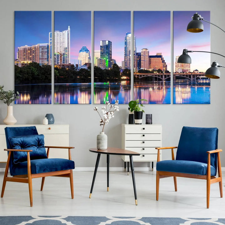 The "Austin City Lights Sunset Blue and Purple Skyline Cityscape View Wall Art Canvas Print," crafted on museum-quality canvas, is prominently displayed above the sofa. This ready-to-hang artwork is safeguarded by a UV-protective coating.