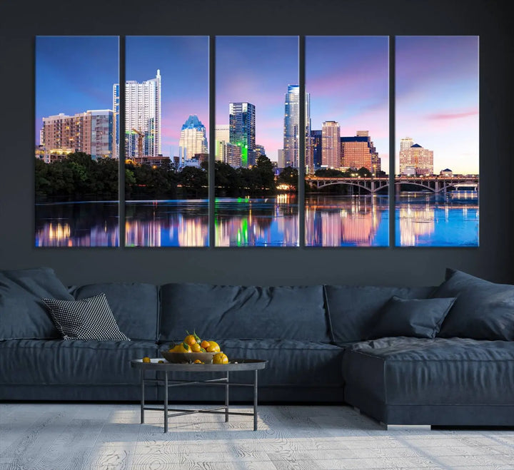 The "Austin City Lights Sunset Blue and Purple Skyline Cityscape View Wall Art Canvas Print," crafted on museum-quality canvas, is prominently displayed above the sofa. This ready-to-hang artwork is safeguarded by a UV-protective coating.