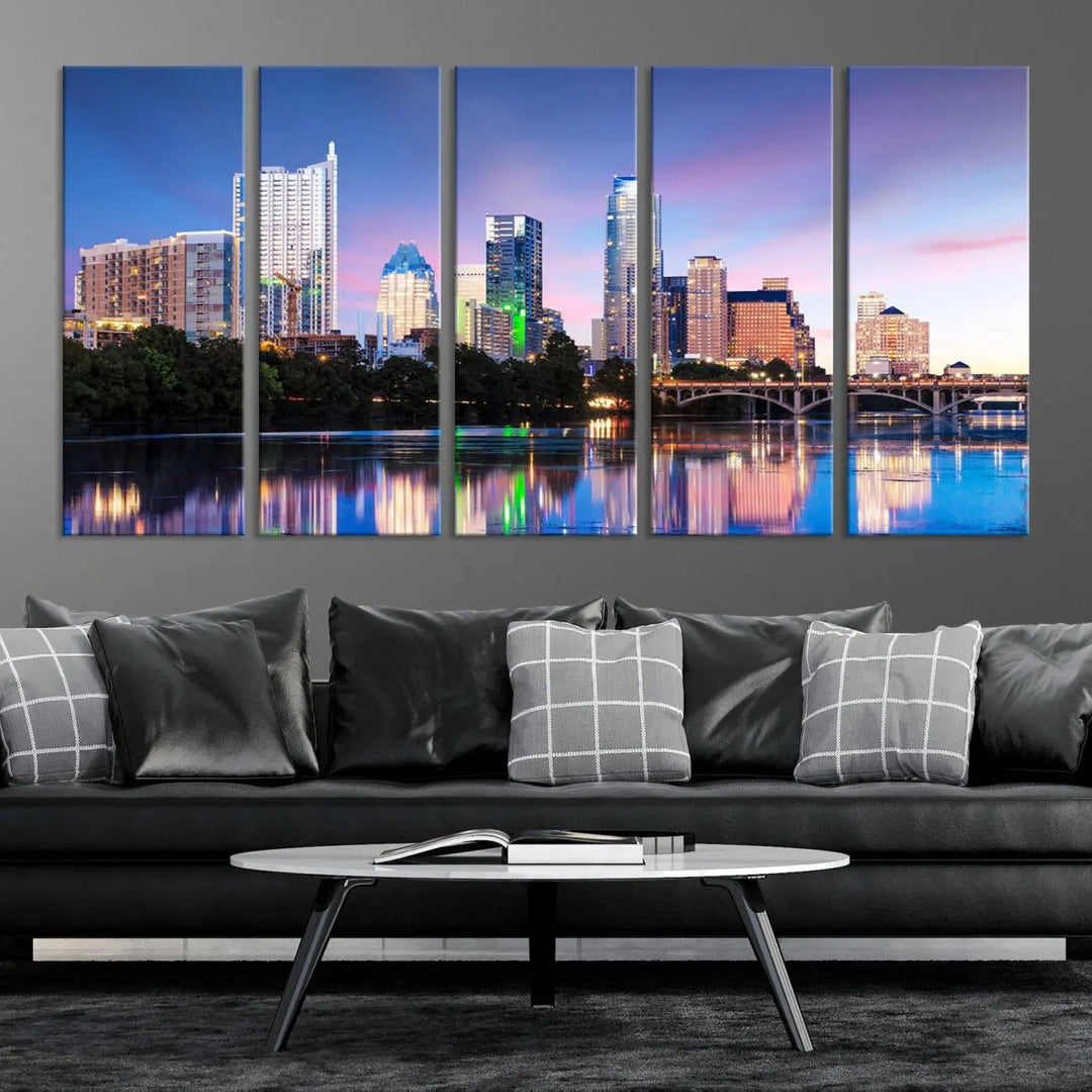 The "Austin City Lights Sunset Blue and Purple Skyline Cityscape View Wall Art Canvas Print," crafted on museum-quality canvas, is prominently displayed above the sofa. This ready-to-hang artwork is safeguarded by a UV-protective coating.