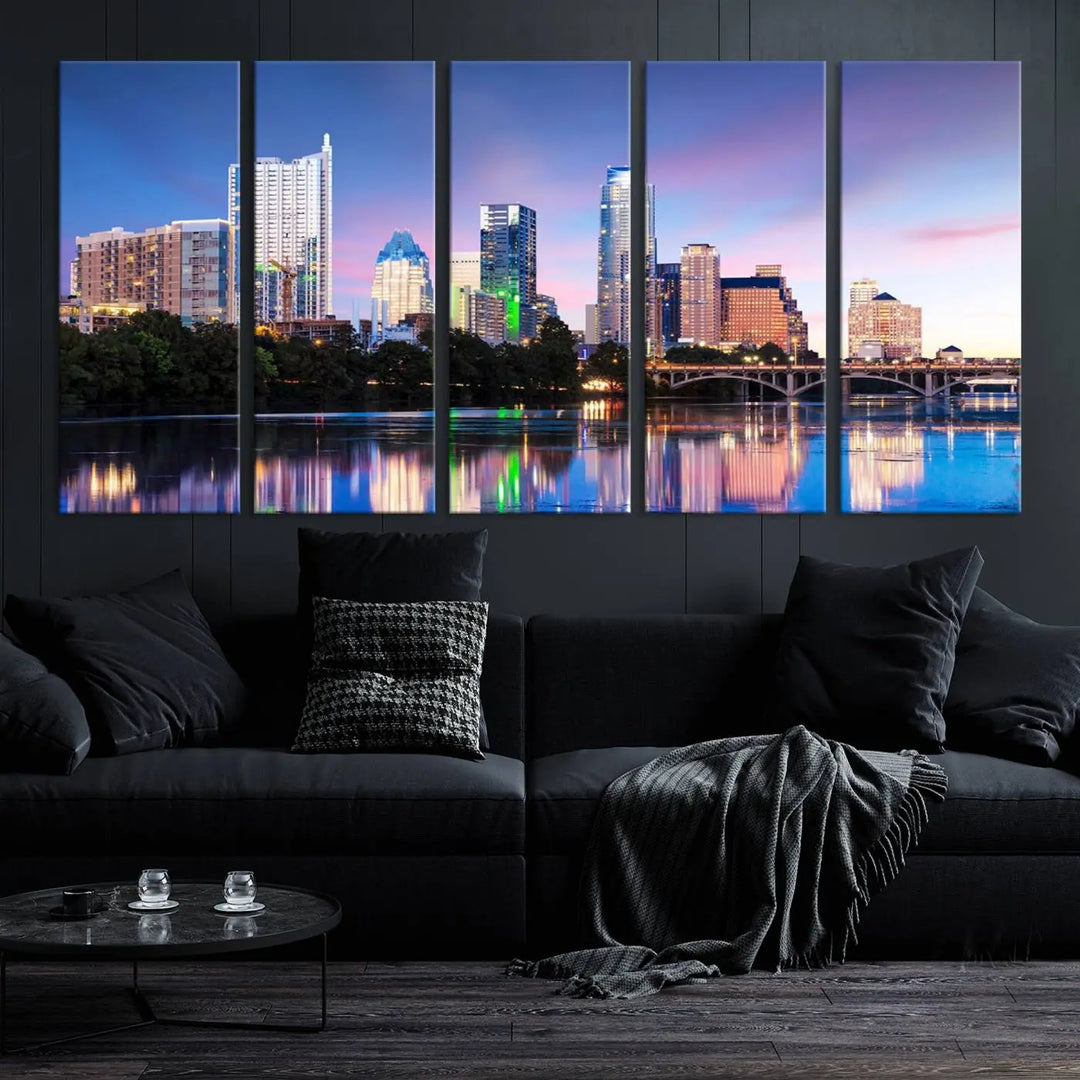 The "Austin City Lights Sunset Blue and Purple Skyline Cityscape View Wall Art Canvas Print," crafted on museum-quality canvas, is prominently displayed above the sofa. This ready-to-hang artwork is safeguarded by a UV-protective coating.