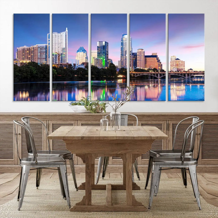 The "Austin City Lights Sunset Blue and Purple Skyline Cityscape View Wall Art Canvas Print," crafted on museum-quality canvas, is prominently displayed above the sofa. This ready-to-hang artwork is safeguarded by a UV-protective coating.