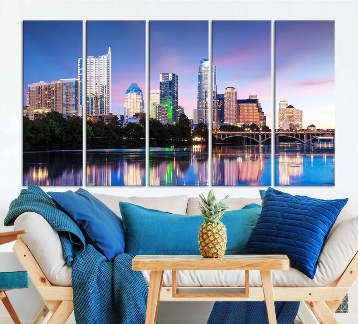 The "Austin City Lights Sunset Blue and Purple Skyline Cityscape View Wall Art Canvas Print," crafted on museum-quality canvas, is prominently displayed above the sofa. This ready-to-hang artwork is safeguarded by a UV-protective coating.