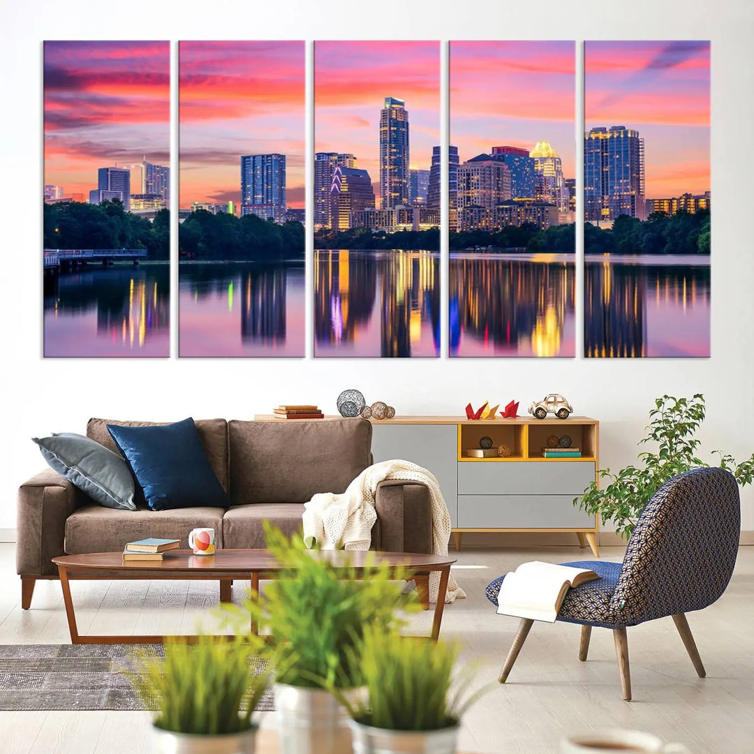 The "Austin City Lights Sunset Pink Skyline Cityscape View" wall art canvas print, hand-assembled with museum-quality materials, adds an elevated touch to the living room.