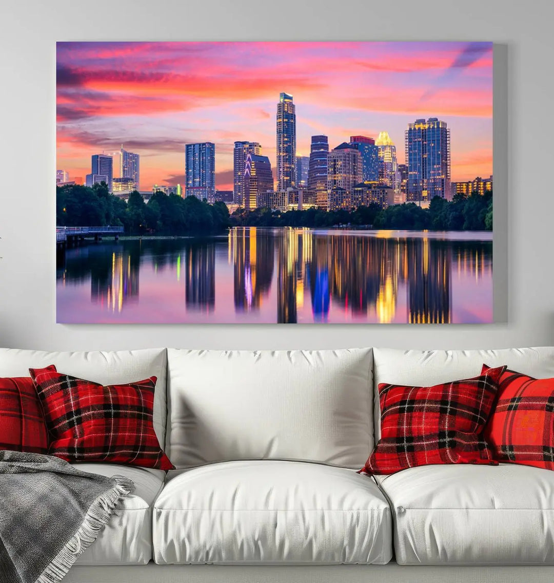 The "Austin City Lights Sunset Pink Skyline Cityscape View" wall art canvas print, hand-assembled with museum-quality materials, adds an elevated touch to the living room.