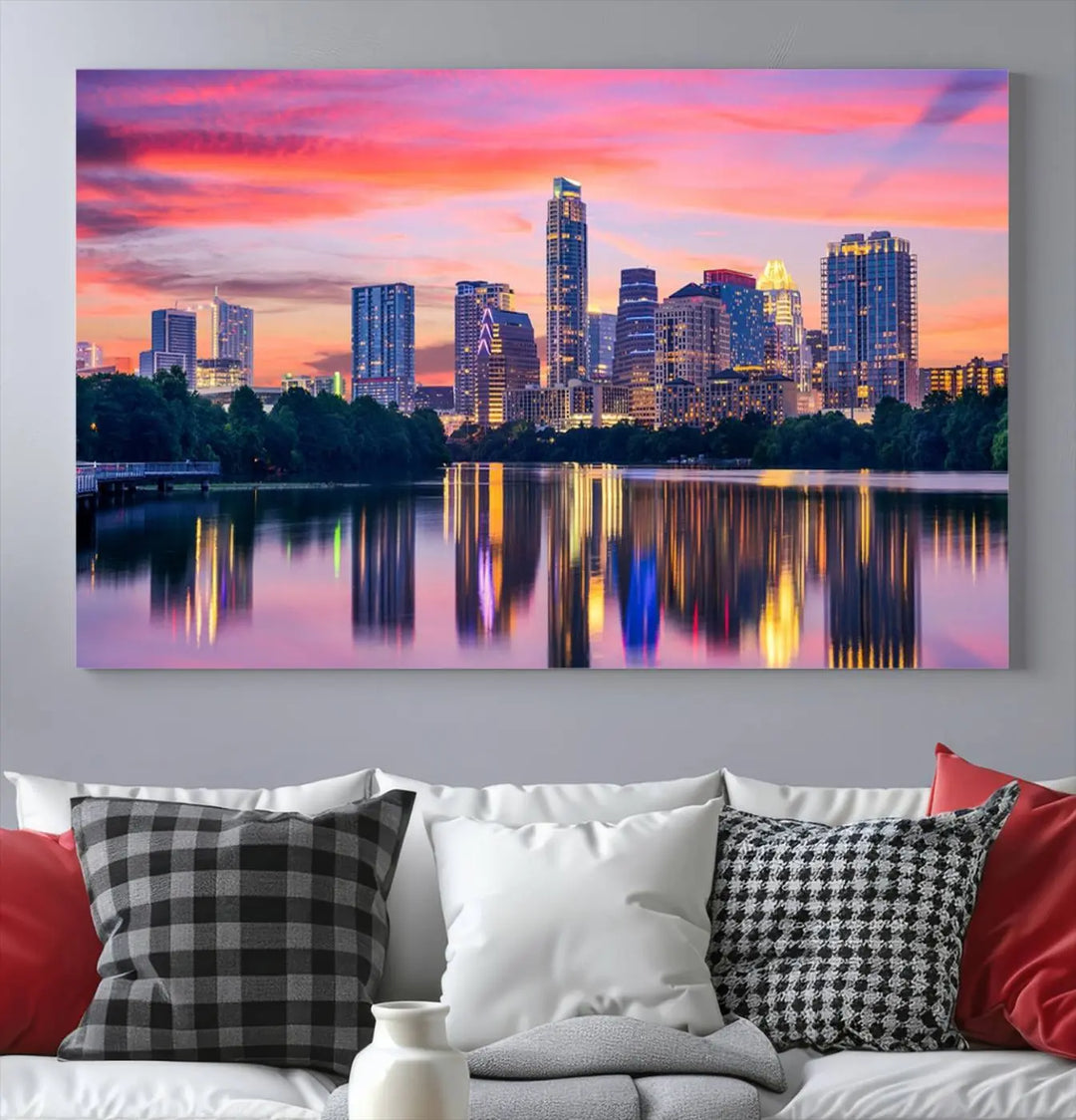 The "Austin City Lights Sunset Pink Skyline Cityscape View" wall art canvas print, hand-assembled with museum-quality materials, adds an elevated touch to the living room.