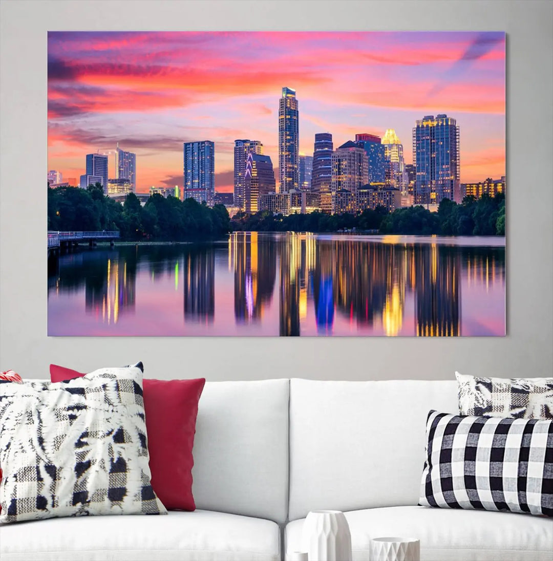 The "Austin City Lights Sunset Pink Skyline Cityscape View" wall art canvas print, hand-assembled with museum-quality materials, adds an elevated touch to the living room.