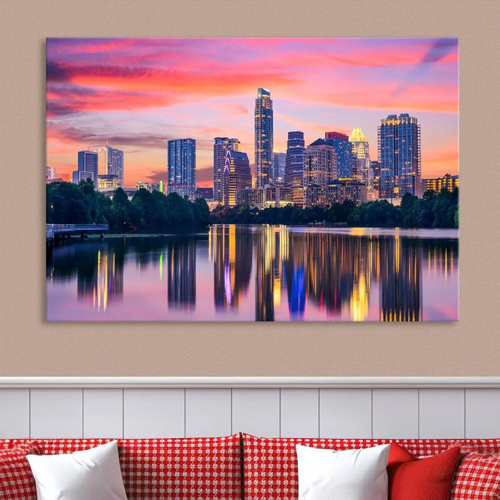 The "Austin City Lights Sunset Pink Skyline Cityscape View" wall art canvas print, hand-assembled with museum-quality materials, adds an elevated touch to the living room.