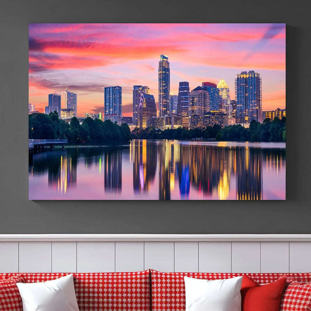 The "Austin City Lights Sunset Pink Skyline Cityscape View" wall art canvas print, hand-assembled with museum-quality materials, adds an elevated touch to the living room.