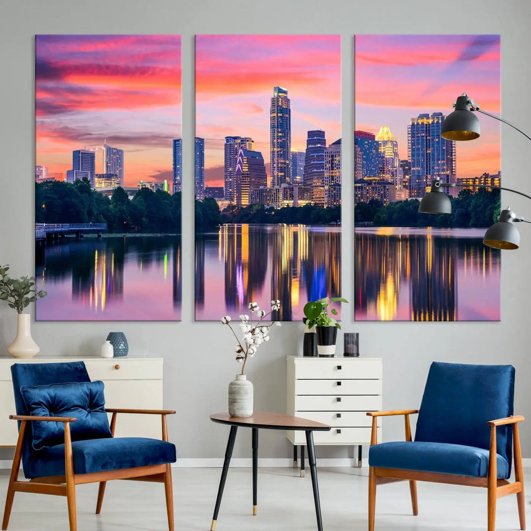 The "Austin City Lights Sunset Pink Skyline Cityscape View" wall art canvas print, hand-assembled with museum-quality materials, adds an elevated touch to the living room.