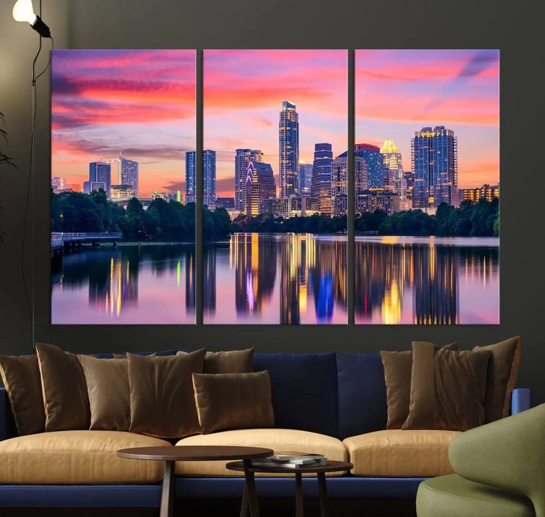 The "Austin City Lights Sunset Pink Skyline Cityscape View" wall art canvas print, hand-assembled with museum-quality materials, adds an elevated touch to the living room.