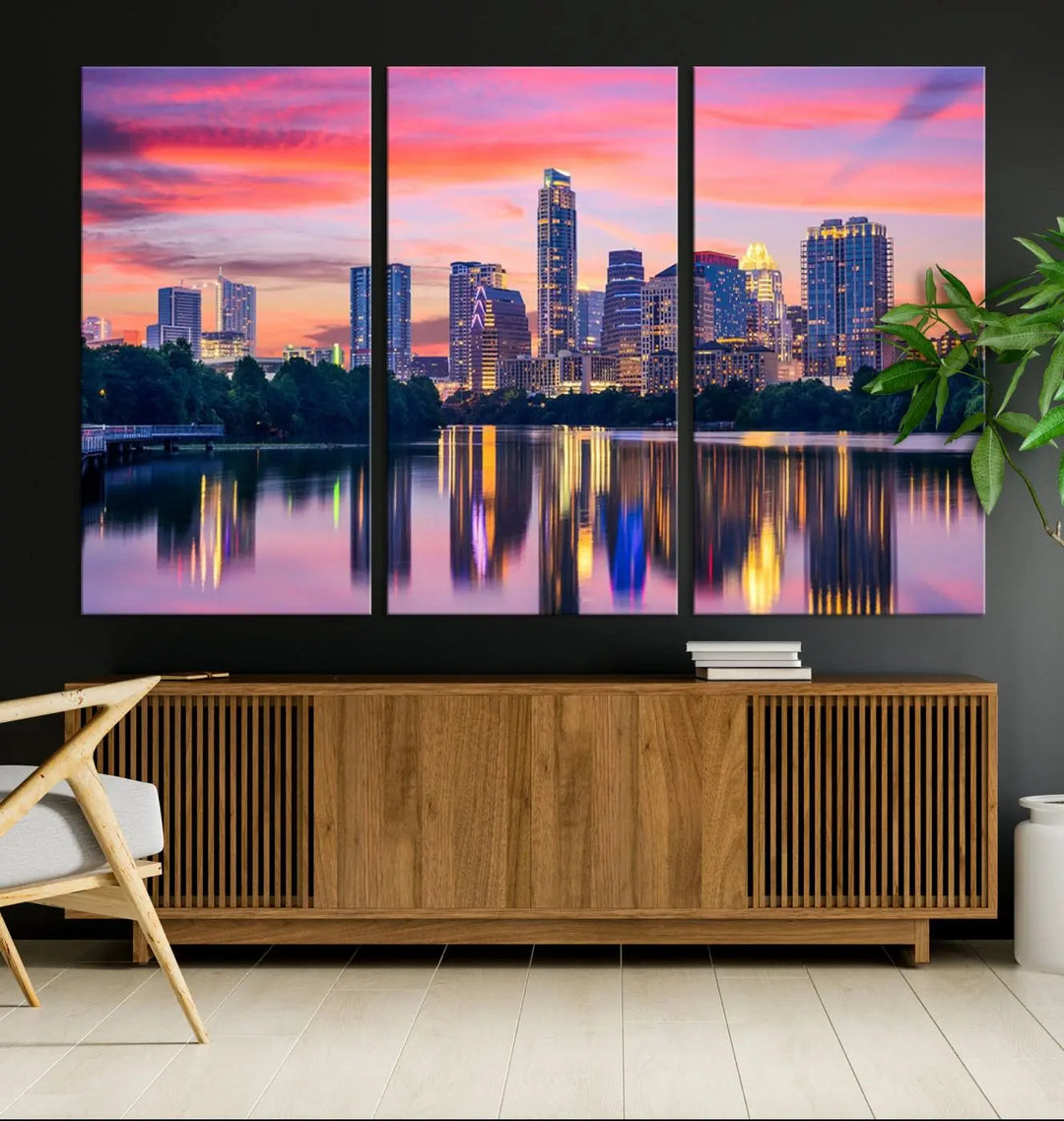 The "Austin City Lights Sunset Pink Skyline Cityscape View" wall art canvas print, hand-assembled with museum-quality materials, adds an elevated touch to the living room.