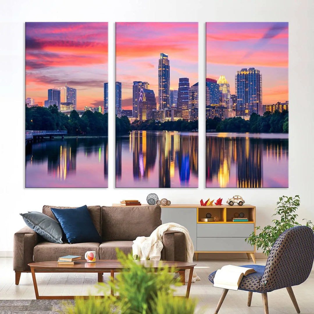 The "Austin City Lights Sunset Pink Skyline Cityscape View" wall art canvas print, hand-assembled with museum-quality materials, adds an elevated touch to the living room.