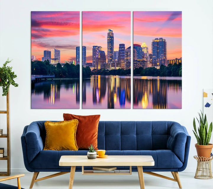 The "Austin City Lights Sunset Pink Skyline Cityscape View" wall art canvas print, hand-assembled with museum-quality materials, adds an elevated touch to the living room.