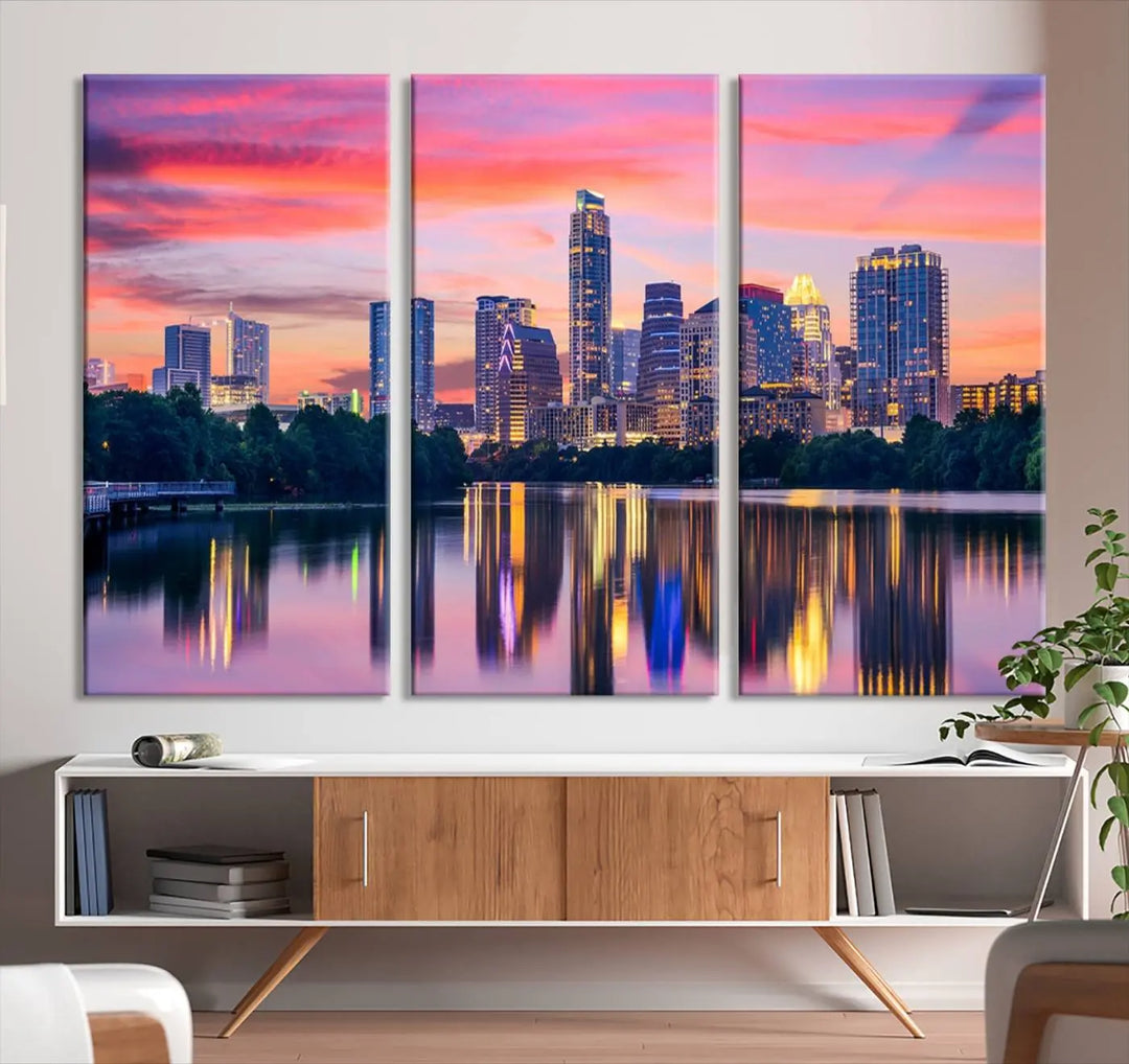 The "Austin City Lights Sunset Pink Skyline Cityscape View" wall art canvas print, hand-assembled with museum-quality materials, adds an elevated touch to the living room.