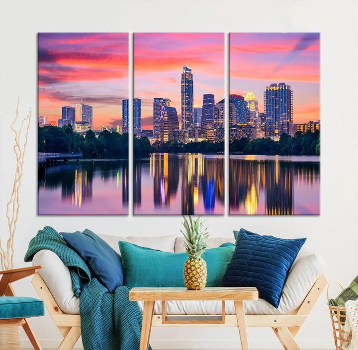 The "Austin City Lights Sunset Pink Skyline Cityscape View" wall art canvas print, hand-assembled with museum-quality materials, adds an elevated touch to the living room.