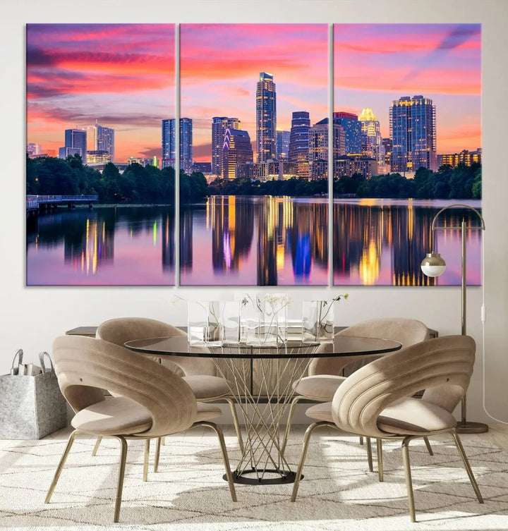 The "Austin City Lights Sunset Pink Skyline Cityscape View" wall art canvas print, hand-assembled with museum-quality materials, adds an elevated touch to the living room.