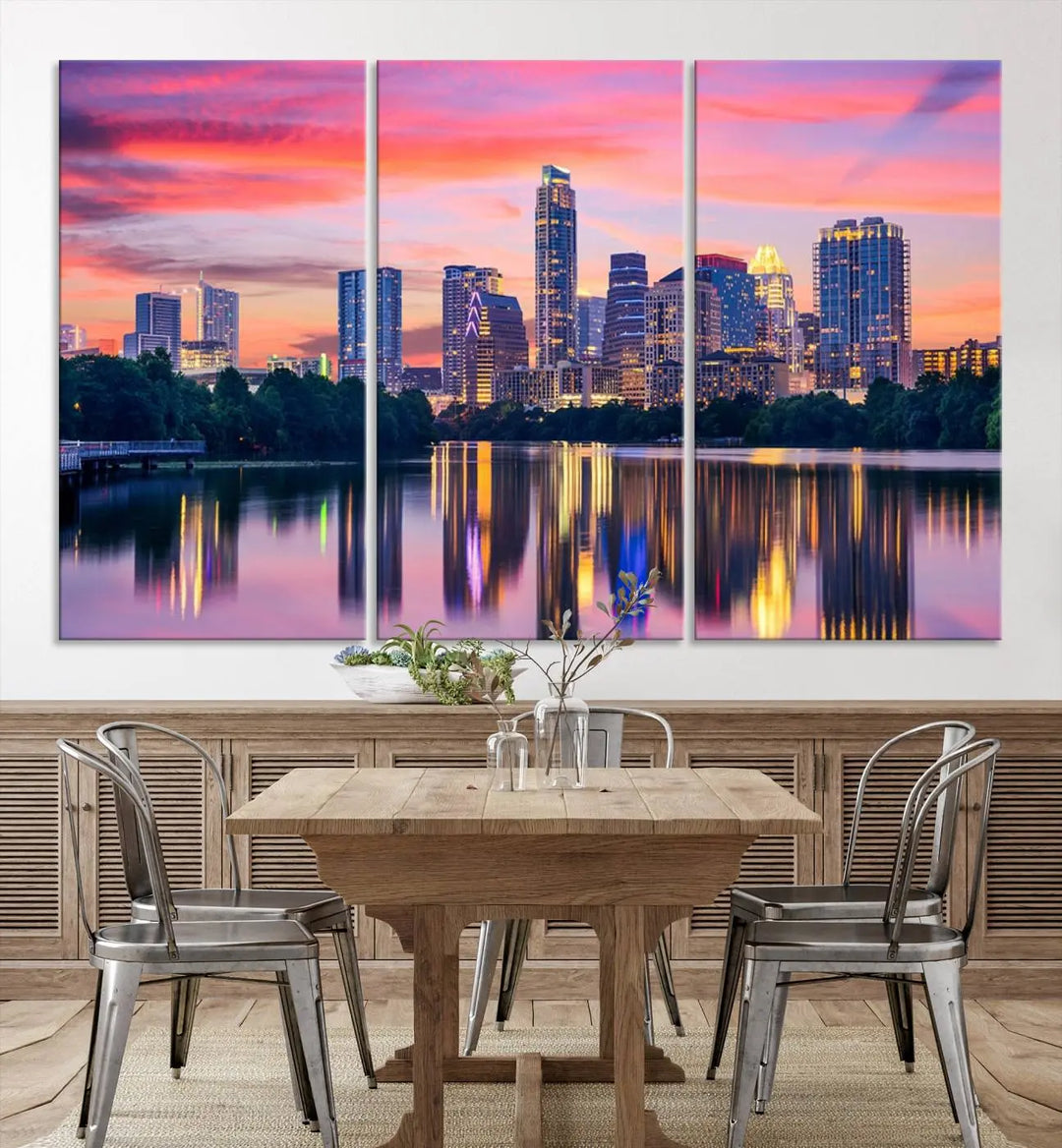 The "Austin City Lights Sunset Pink Skyline Cityscape View" wall art canvas print, hand-assembled with museum-quality materials, adds an elevated touch to the living room.