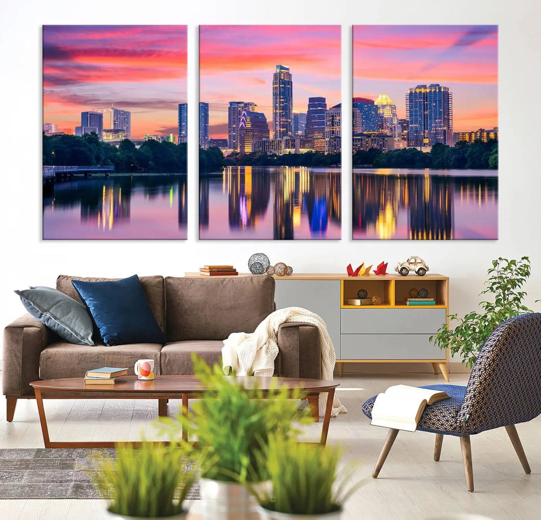 The "Austin City Lights Sunset Pink Skyline Cityscape View" wall art canvas print, hand-assembled with museum-quality materials, adds an elevated touch to the living room.