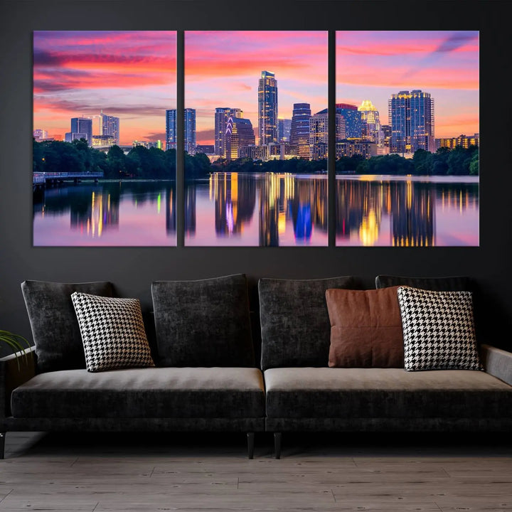 The "Austin City Lights Sunset Pink Skyline Cityscape View" wall art canvas print, hand-assembled with museum-quality materials, adds an elevated touch to the living room.