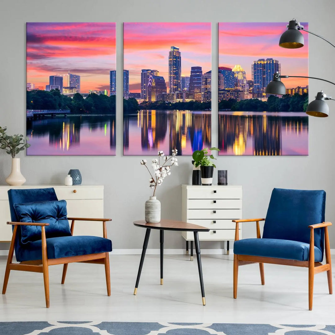 The "Austin City Lights Sunset Pink Skyline Cityscape View" wall art canvas print, hand-assembled with museum-quality materials, adds an elevated touch to the living room.