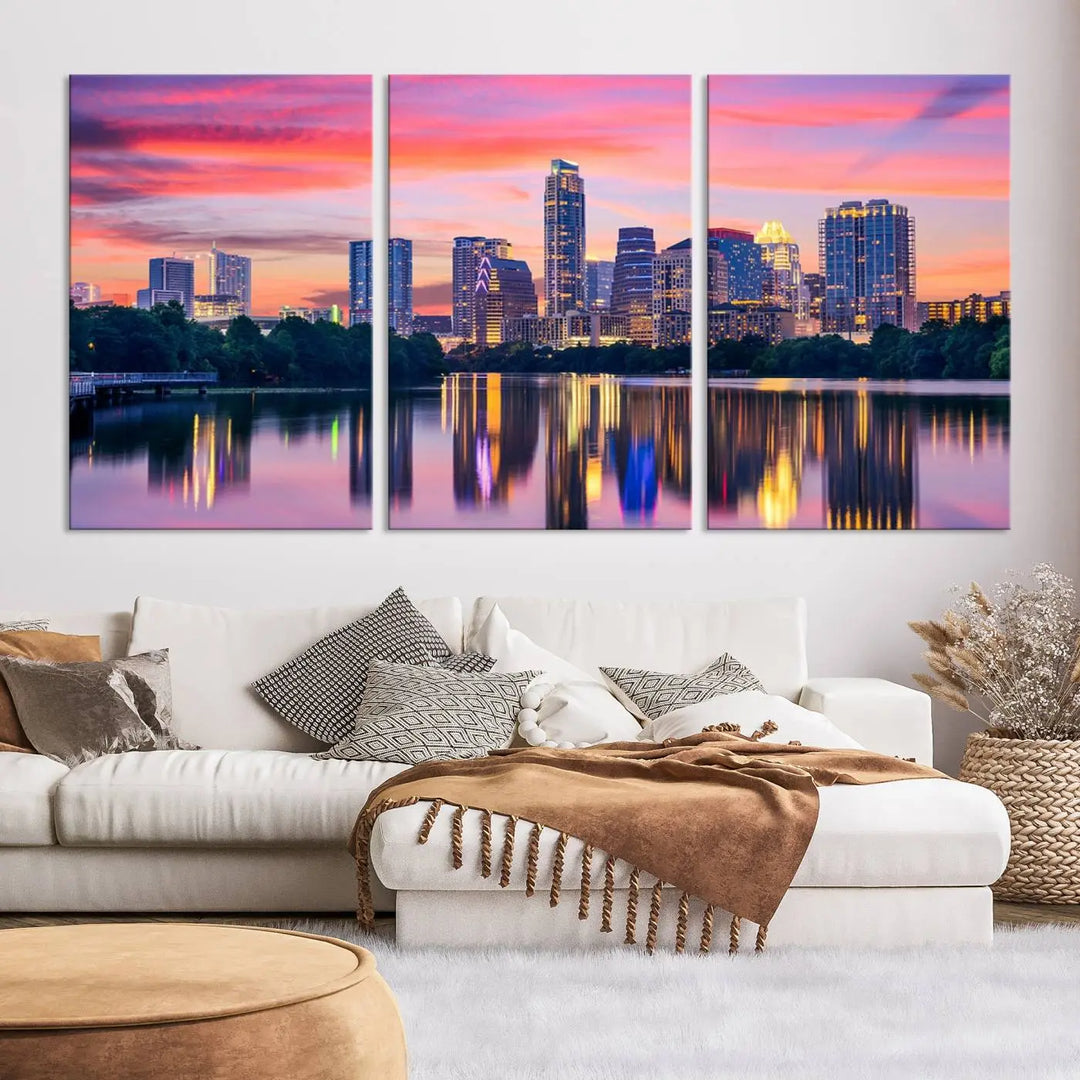 The "Austin City Lights Sunset Pink Skyline Cityscape View" wall art canvas print, hand-assembled with museum-quality materials, adds an elevated touch to the living room.