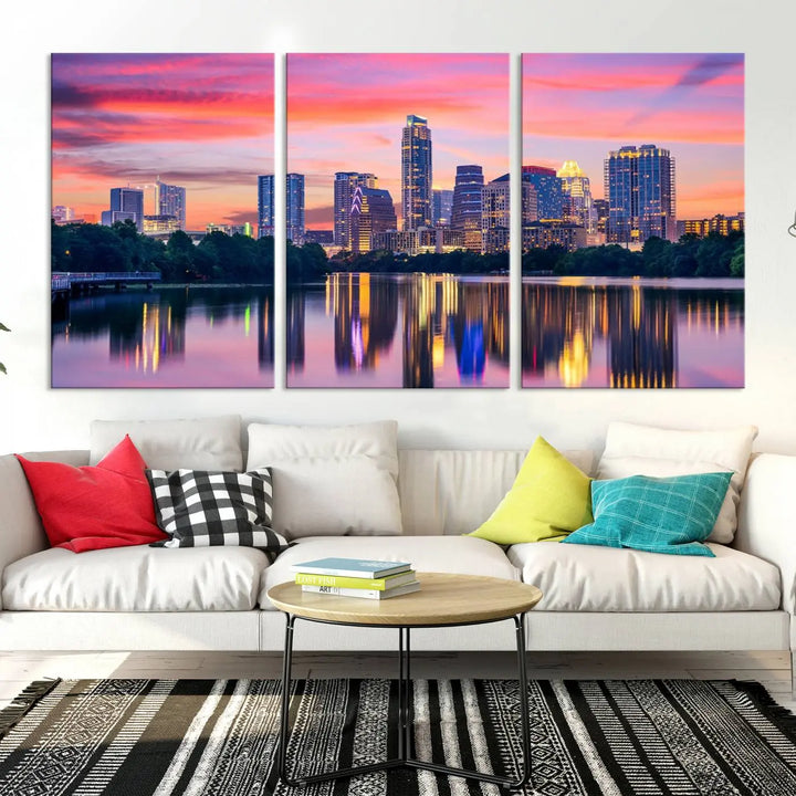 The "Austin City Lights Sunset Pink Skyline Cityscape View" wall art canvas print, hand-assembled with museum-quality materials, adds an elevated touch to the living room.