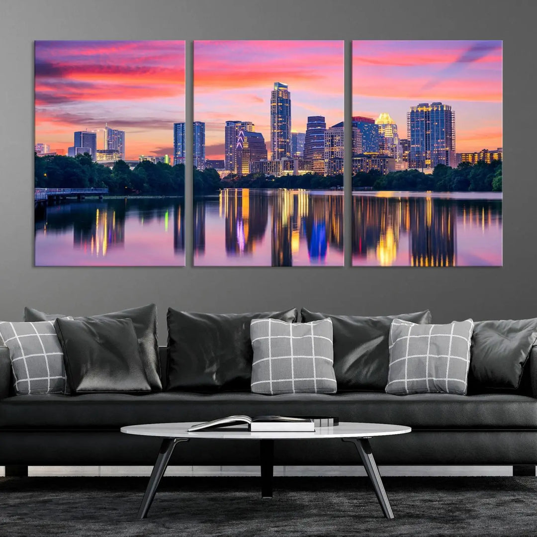 The "Austin City Lights Sunset Pink Skyline Cityscape View" wall art canvas print, hand-assembled with museum-quality materials, adds an elevated touch to the living room.