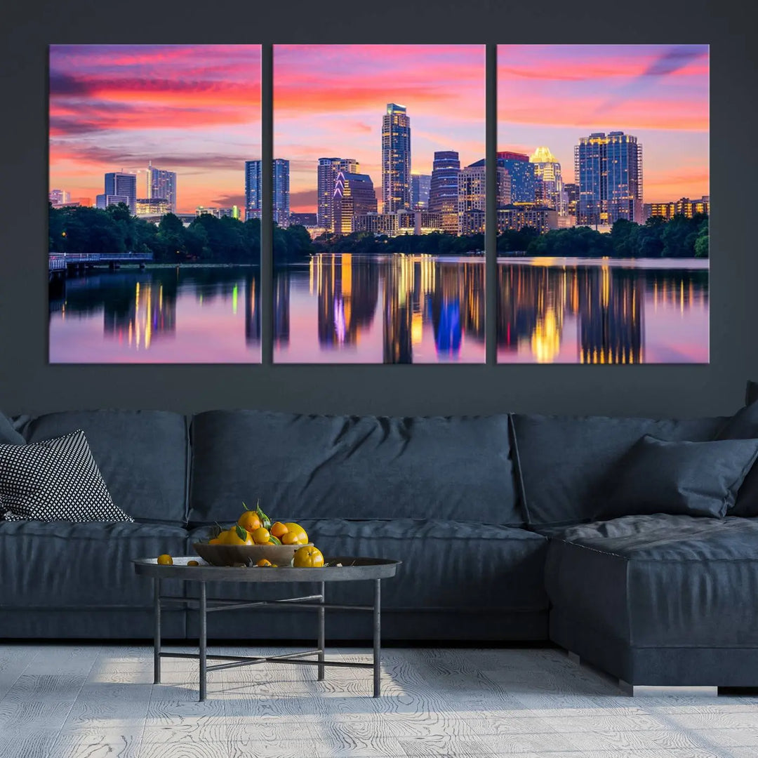 The "Austin City Lights Sunset Pink Skyline Cityscape View" wall art canvas print, hand-assembled with museum-quality materials, adds an elevated touch to the living room.