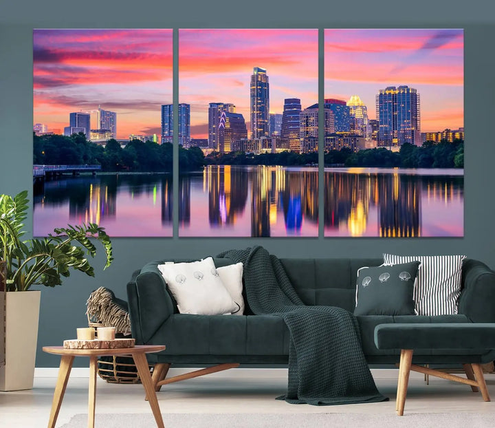 The "Austin City Lights Sunset Pink Skyline Cityscape View" wall art canvas print, hand-assembled with museum-quality materials, adds an elevated touch to the living room.