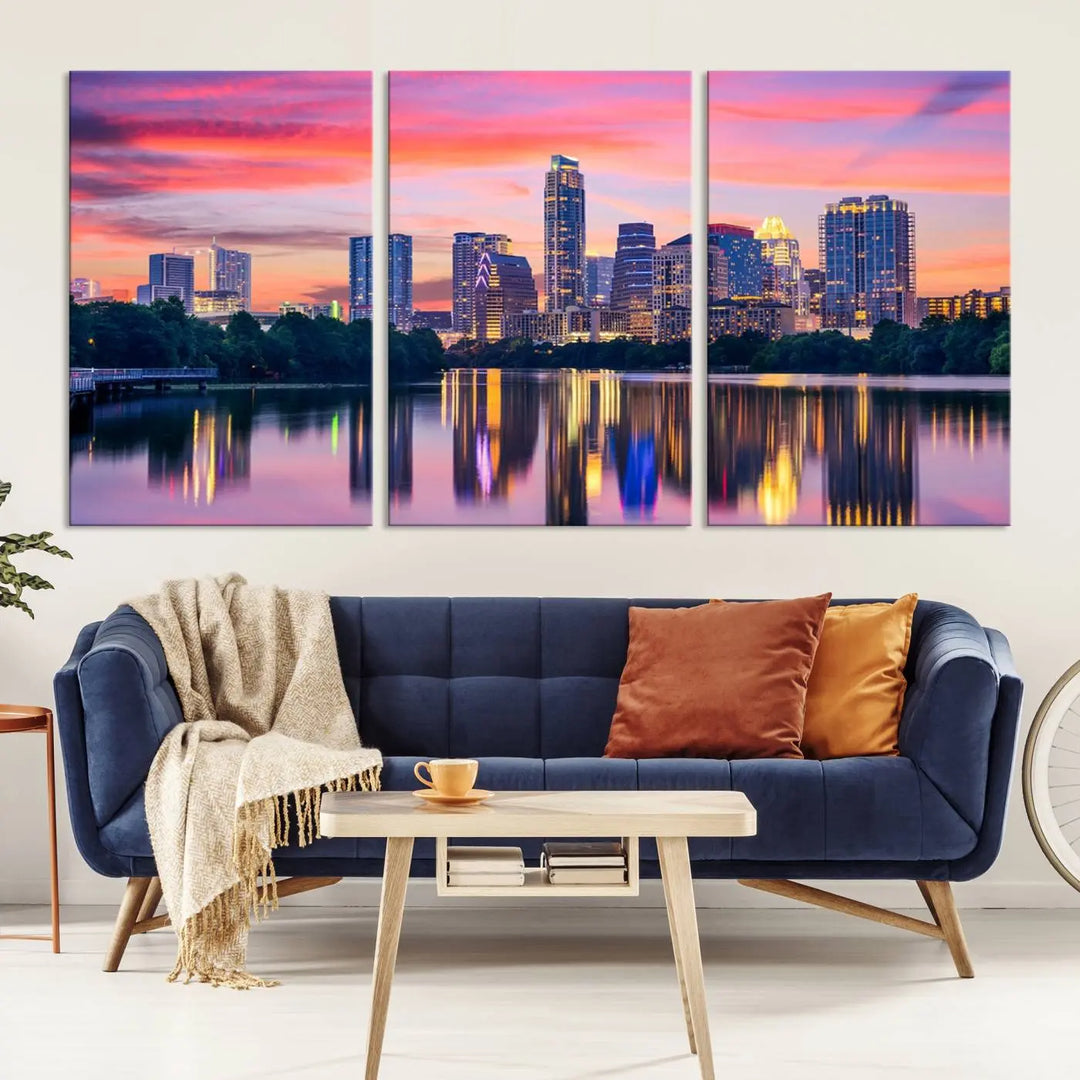 The "Austin City Lights Sunset Pink Skyline Cityscape View" wall art canvas print, hand-assembled with museum-quality materials, adds an elevated touch to the living room.