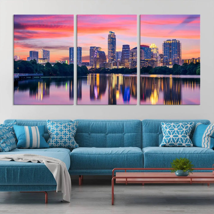 The "Austin City Lights Sunset Pink Skyline Cityscape View" wall art canvas print, hand-assembled with museum-quality materials, adds an elevated touch to the living room.