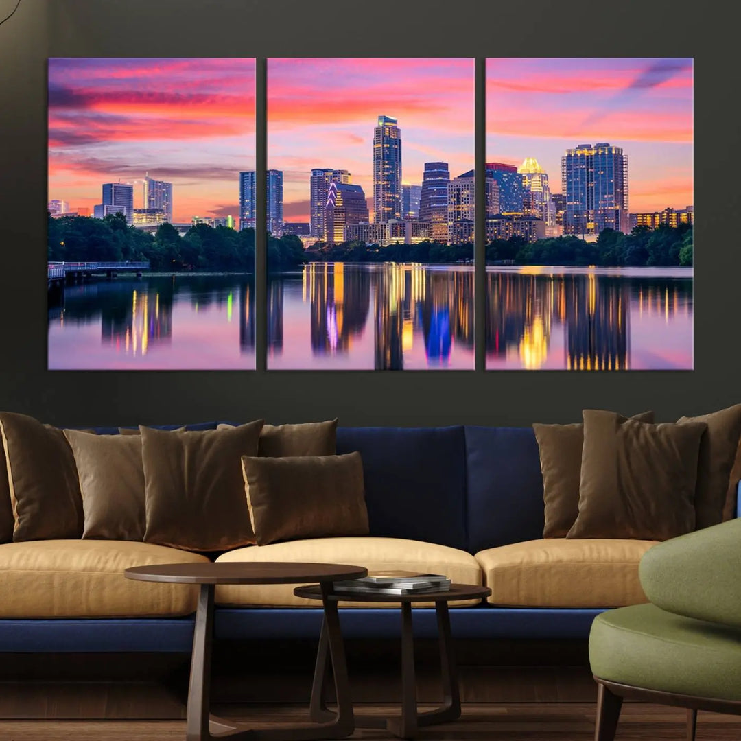 The "Austin City Lights Sunset Pink Skyline Cityscape View" wall art canvas print, hand-assembled with museum-quality materials, adds an elevated touch to the living room.