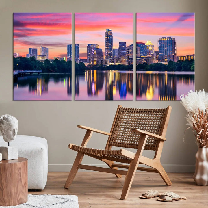 The "Austin City Lights Sunset Pink Skyline Cityscape View" wall art canvas print, hand-assembled with museum-quality materials, adds an elevated touch to the living room.